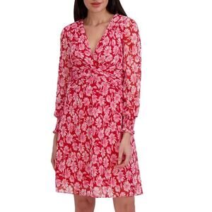 Julia Jordan Red Pink Floral Long Sleeve Chiffon Dress Open Tie Back V Neck Sz 4